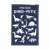 You are dino-mite punderful quote TEA TOWEL // oxford navy blue background white paper origami dinosaurs 