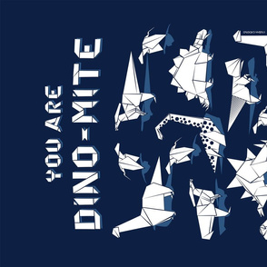 You are dino-mite punderful quote TEA TOWEL // oxford navy blue background white paper origami dinosaurs 