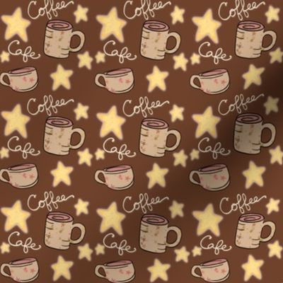 Cozy Cafe Coffee Mugs and Stars on Cinnamon Brown