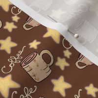 Cozy Cafe Coffee Mugs and Stars on Cinnamon Brown