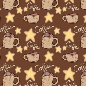 Cozy Cafe Coffee Mugs and Stars on Cinnamon Brown