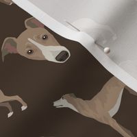 Greyhound Dog Faces and Full Body Pattern on Dark Brown Background