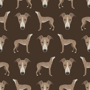 Greyhound Dog Faces and Full Body Pattern on Dark Brown Background