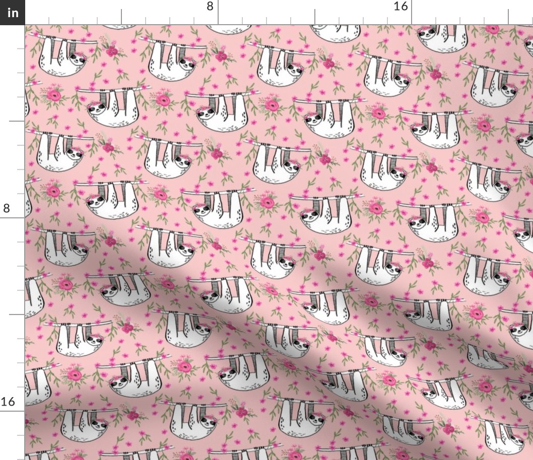 sleepy sloth fabric, lazy day sloth fabric, sloth fabric, happy sloth fabric, sloth fabric by the yard - florals - pink