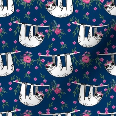 sleepy sloth fabric, lazy day sloth fabric, sloth fabric, happy sloth fabric, sloth fabric by the yard - florals - navy