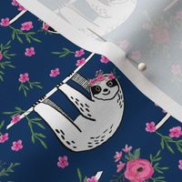 sleepy sloth fabric, lazy day sloth fabric, sloth fabric, happy sloth fabric, sloth fabric by the yard - florals - navy