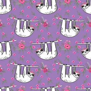 sleepy sloth fabric, lazy day sloth fabric, sloth fabric, happy sloth fabric, sloth fabric by the yard - florals - purple