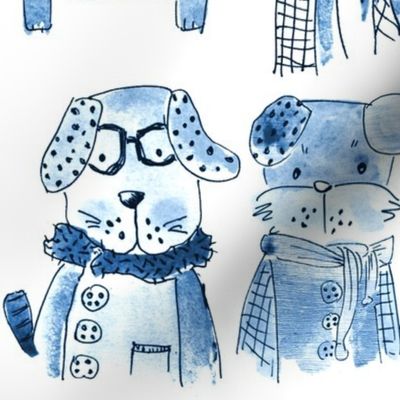 DOG and doggies in monochrome hand drawn illustrations in Jazz blues