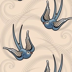 ★ SWALLOW TATTOO ★ Blue on Ecru, Large Scale / Collection : Swallows & Polka Dots – Rockabilly Prints