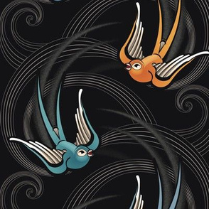 ★ SWALLOW TATTOO ★ Teal + Blue + Orange on Black, Large Scale / Collection : Swallows & Polka Dots – Rockabilly Prints