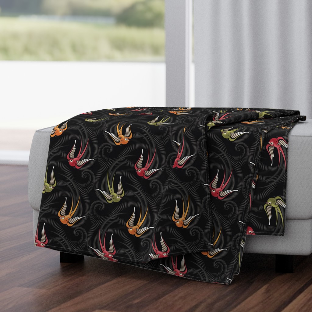 ★ SWALLOW TATTOO ★ Olive green + Garnet Red + Orange on Black, Large Scale / Collection : Swallows & Polka Dots – Rockabilly Prints