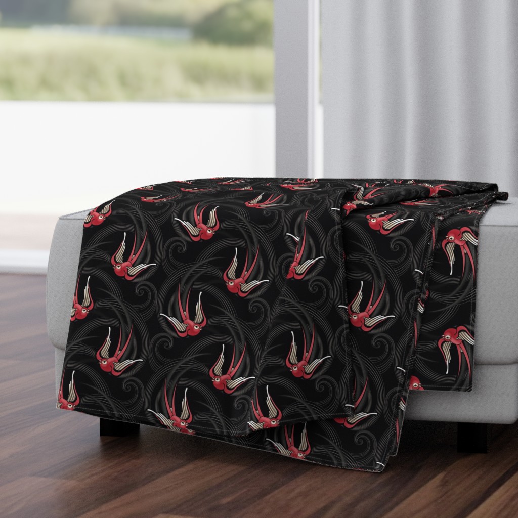 ★ SWALLOW TATTOO ★ Garnet Red on Black, Large Scale / Collection : Swallows & Polka Dots – Rockabilly Prints