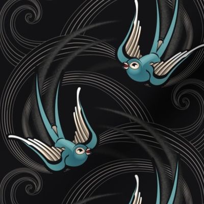 ★ SWALLOW TATTOO ★ Teal on Black, Large Scale / Collection : Swallows & Polka Dots – Rockabilly Prints