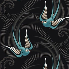 ★ SWALLOW TATTOO ★ Teal on Black, Large Scale / Collection : Swallows & Polka Dots – Rockabilly Prints