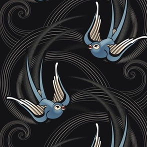 ★ SWALLOW TATTOO ★ Blue on Black, Large Scale / Collection : Swallows & Polka Dots – Rockabilly Prints