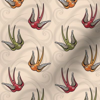 ★ SWALLOW TATTOO ★ Olive green + Garnet Red + Orange on Ecru, Small Scale / Collection : Swallows & Polka Dots – Rockabilly Prints