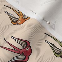 ★ SWALLOW TATTOO ★ Olive green + Garnet Red + Orange on Ecru, Small Scale / Collection : Swallows & Polka Dots – Rockabilly Prints