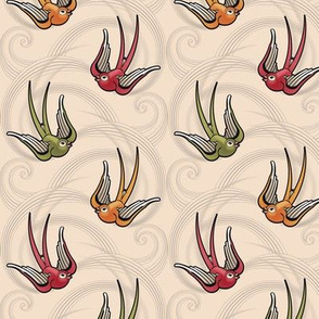 ★ SWALLOW TATTOO ★ Olive green + Garnet Red + Orange on Ecru, Small Scale / Collection : Swallows & Polka Dots – Rockabilly Prints