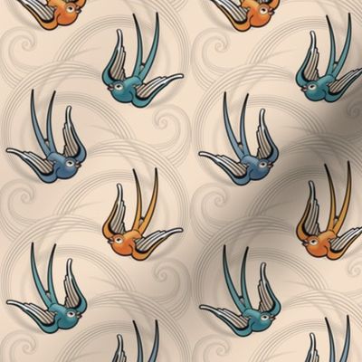 ★ SWALLOW TATTOO ★ Teal + Blue + Orange on Ecru, Small Scale / Collection : Swallows & Polka Dots – Rockabilly Prints