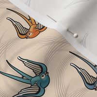 ★ SWALLOW TATTOO ★ Teal + Blue + Orange on Ecru, Small Scale / Collection : Swallows & Polka Dots – Rockabilly Prints