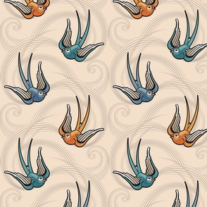 ★ SWALLOW TATTOO ★ Teal + Blue + Orange on Ecru, Small Scale / Collection : Swallows & Polka Dots – Rockabilly Prints