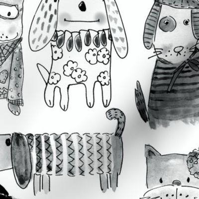 customised for AMY DOG monochrome hand drawn sketches in grey scale