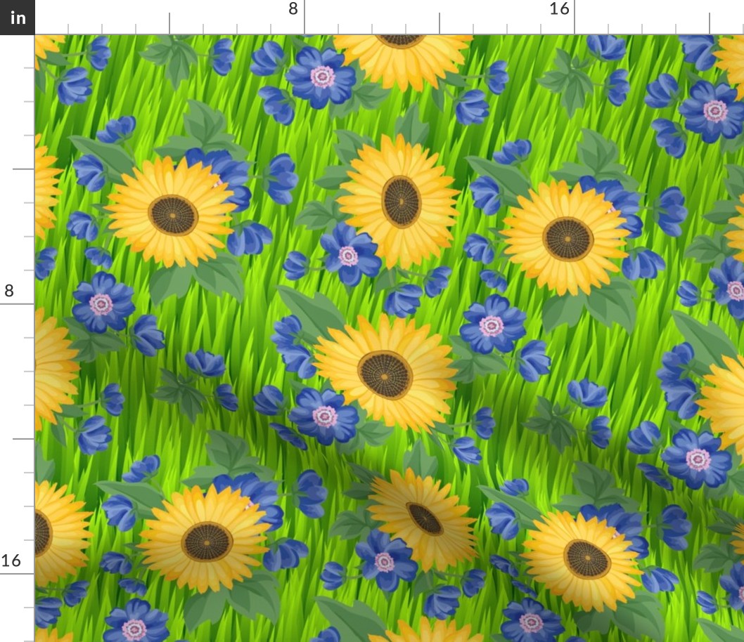 Field of Yellow and Blue Flowers