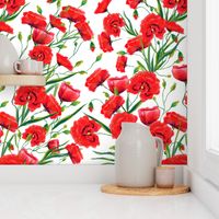 Hand drawn red poppy flowers watercolor pattern design