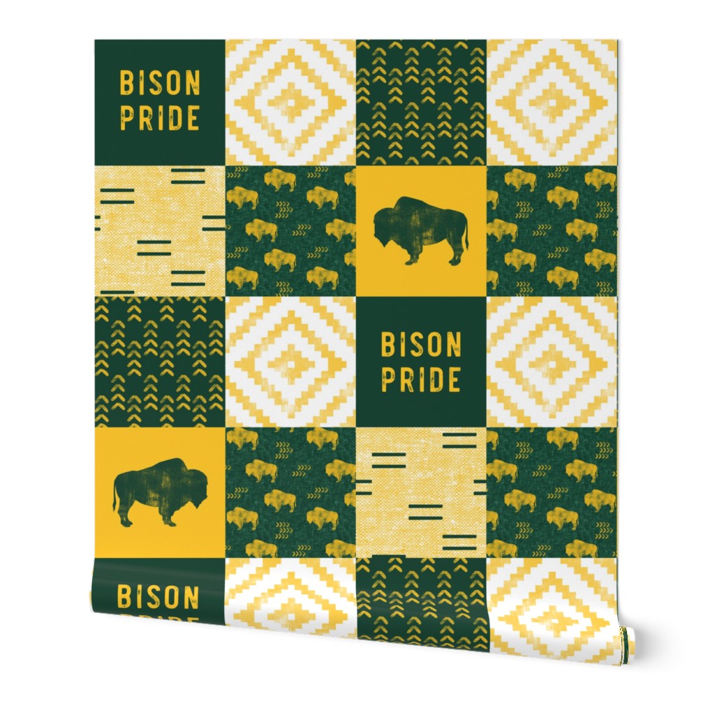 Bison Pride Patchwork - buffalo on green  linen - gold C18BS