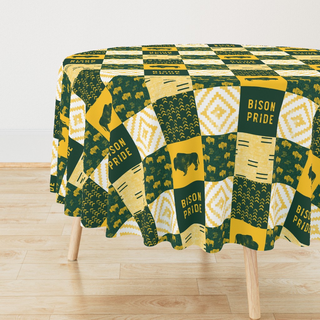 Bison Pride Patchwork - buffalo on green  linen - gold C18BS