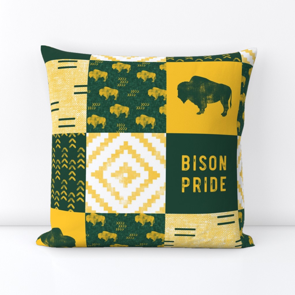 Bison Pride Patchwork - buffalo on green  linen - gold C18BS