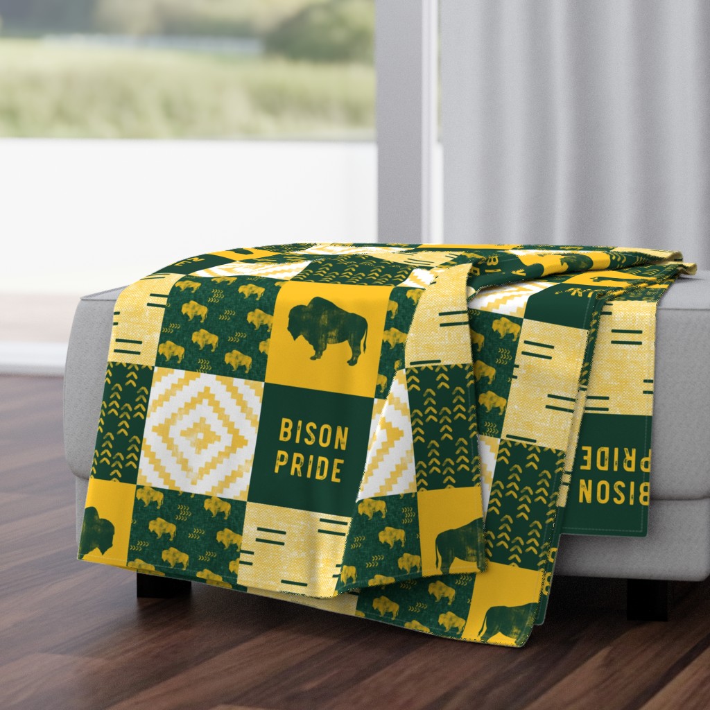 Bison Pride Patchwork - buffalo on green  linen - gold C18BS