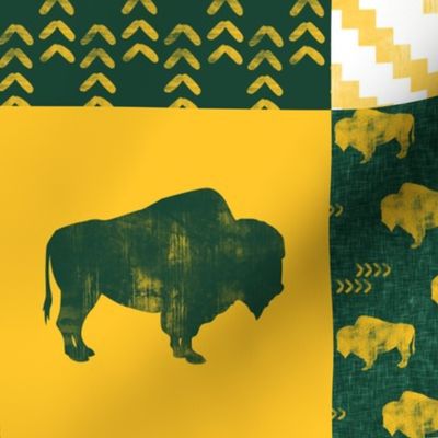 Bison Pride Patchwork - buffalo on green  linen - gold C18BS