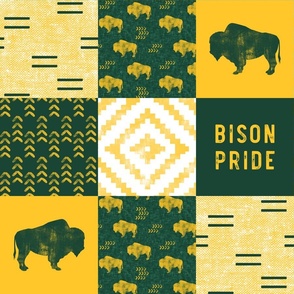 Bison Pride Patchwork - buffalo on green  linen - gold C18BS