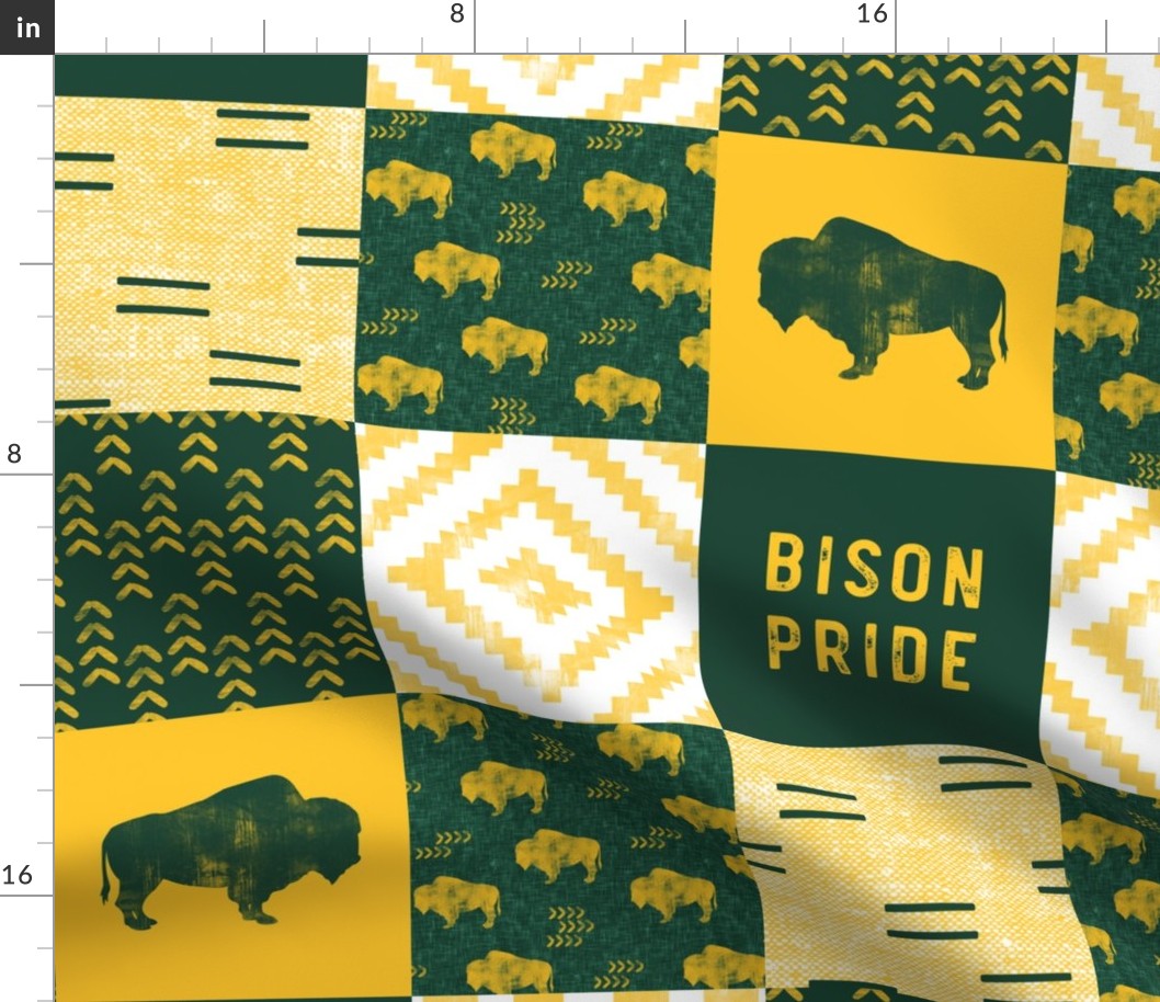 Bison Pride Patchwork - buffalo on green  linen - gold C18BS