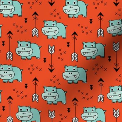 Cute little baby hippo kids fabric design in mint red