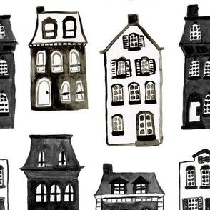 Mansard Mansions in Black + White Watercolor 