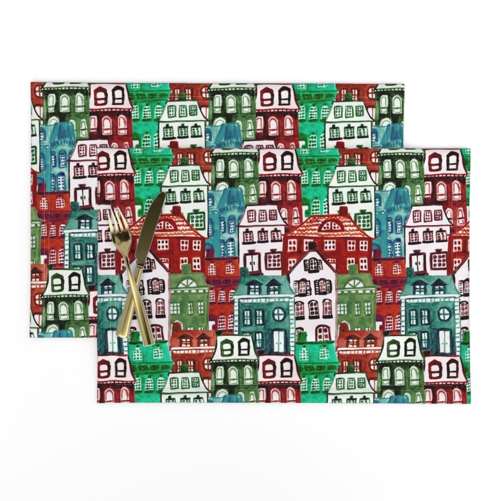 Christmas Village in Watercolor Red + Green