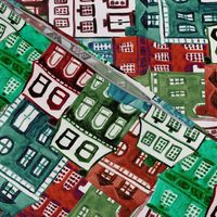 Christmas Village in Watercolor Red + Green