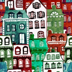 Christmas Village in Watercolor Red + Green