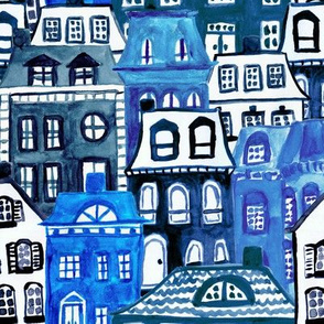 Mansard Village in Blue Watercolor 