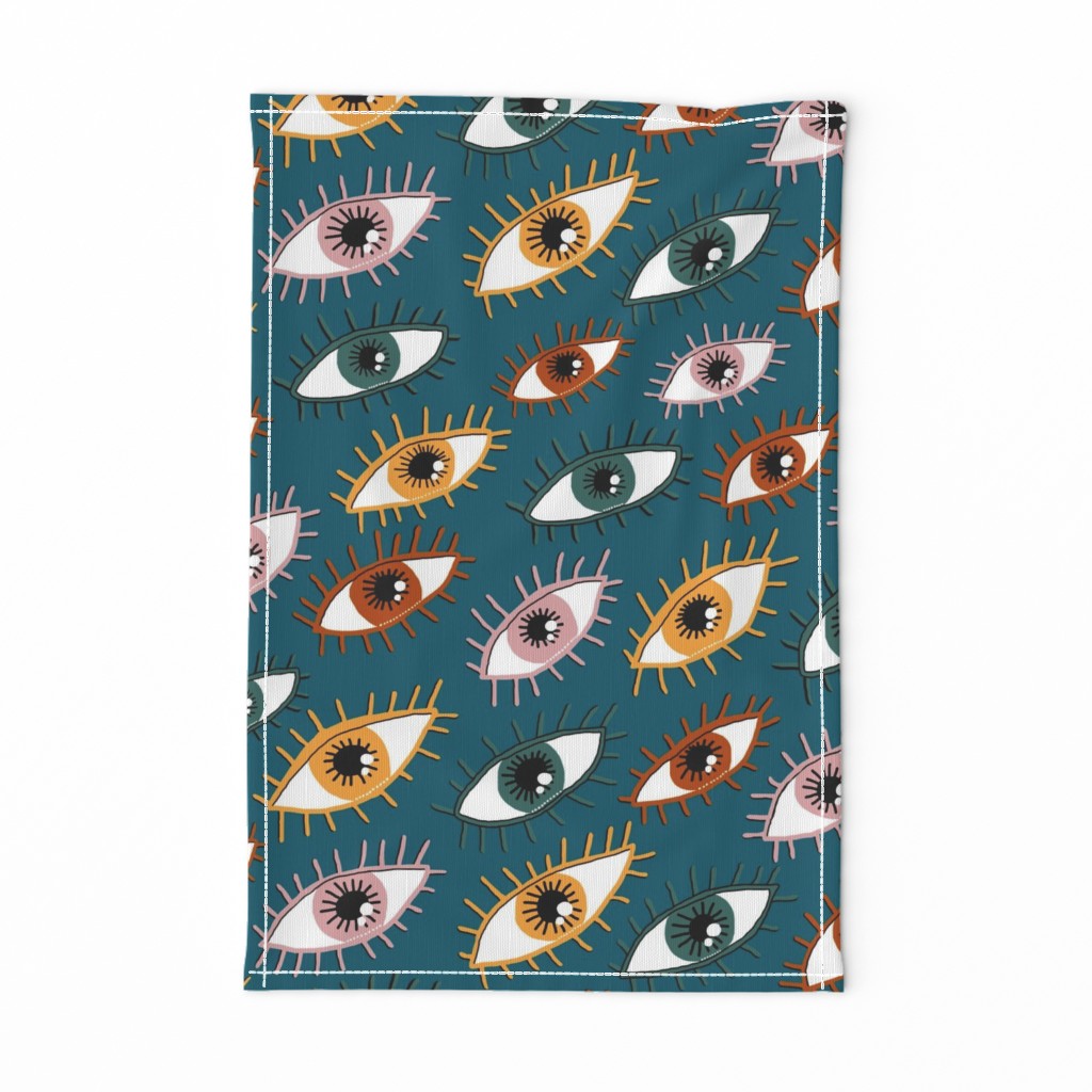 eyes limited palette, large scale, teal green blue yellow red orange