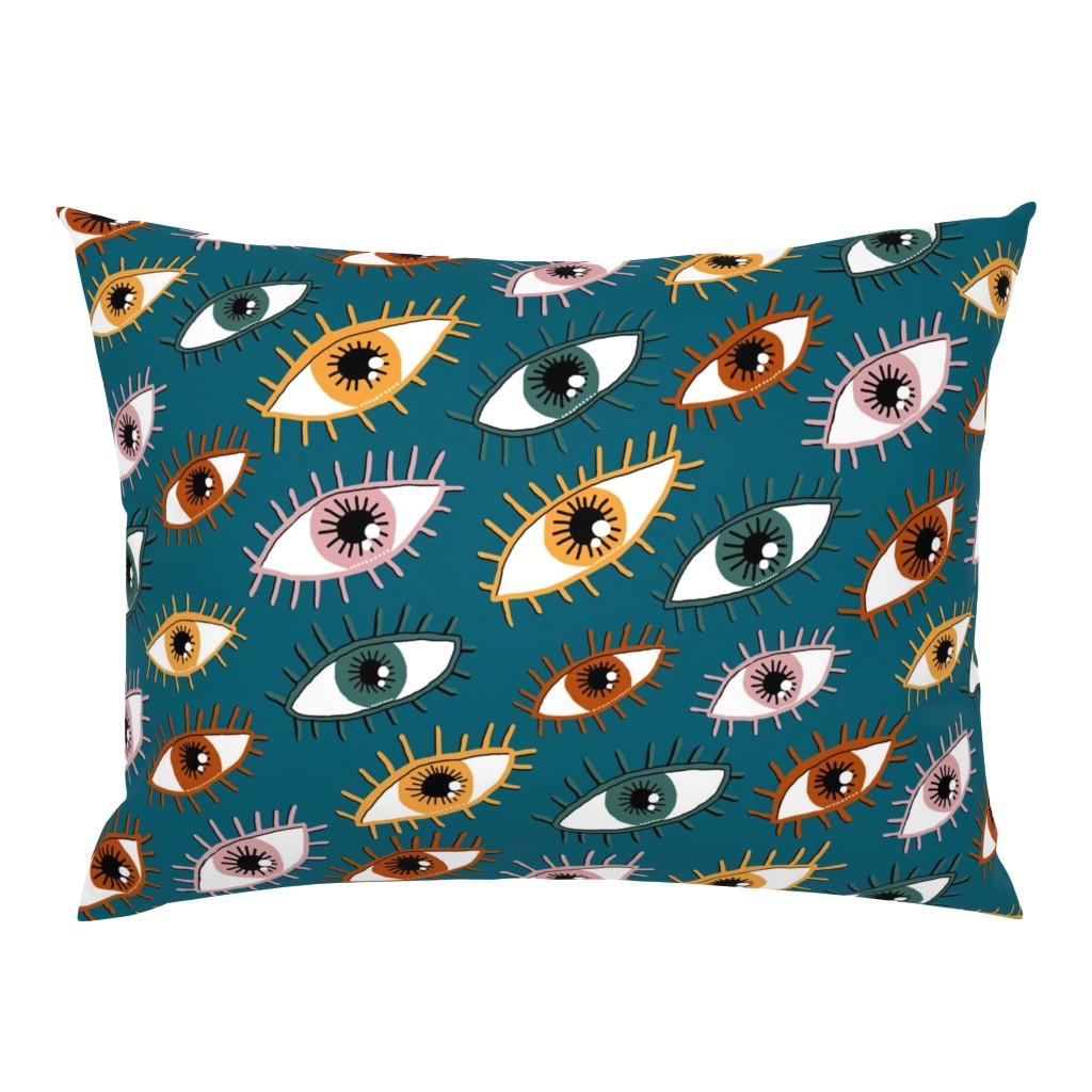 eyes limited palette, large scale, teal green blue yellow red orange