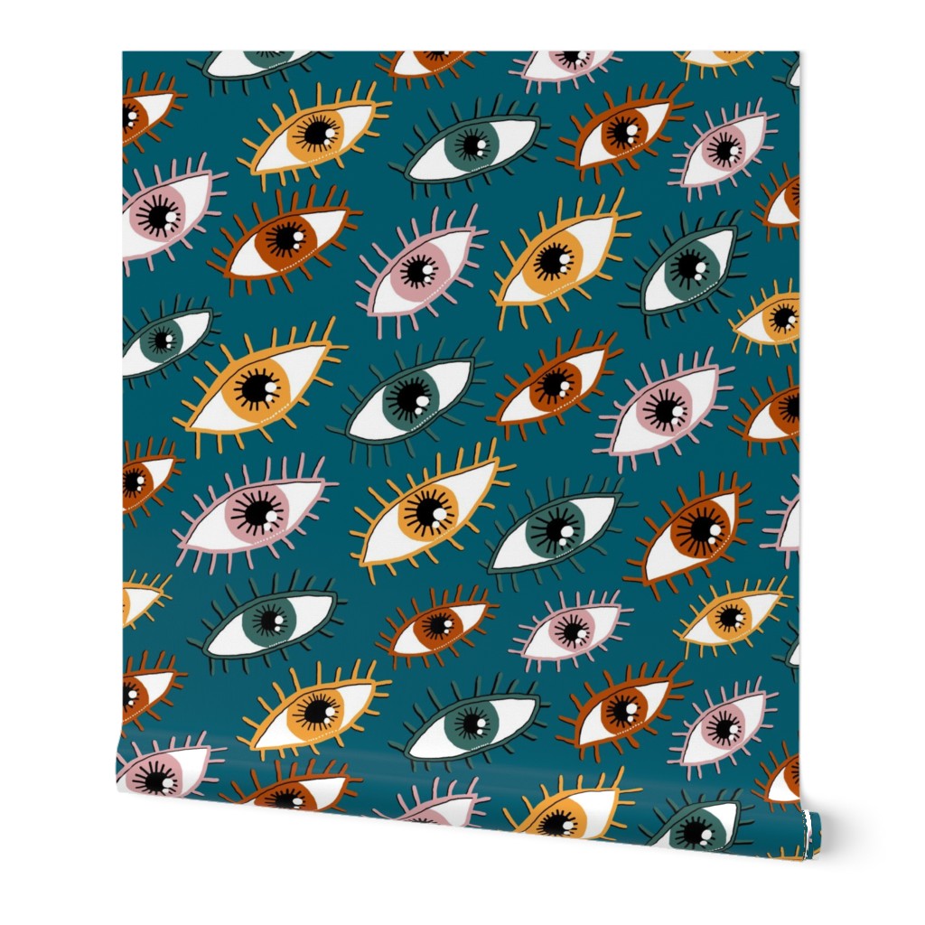 eyes limited palette, large scale, teal green blue yellow red orange