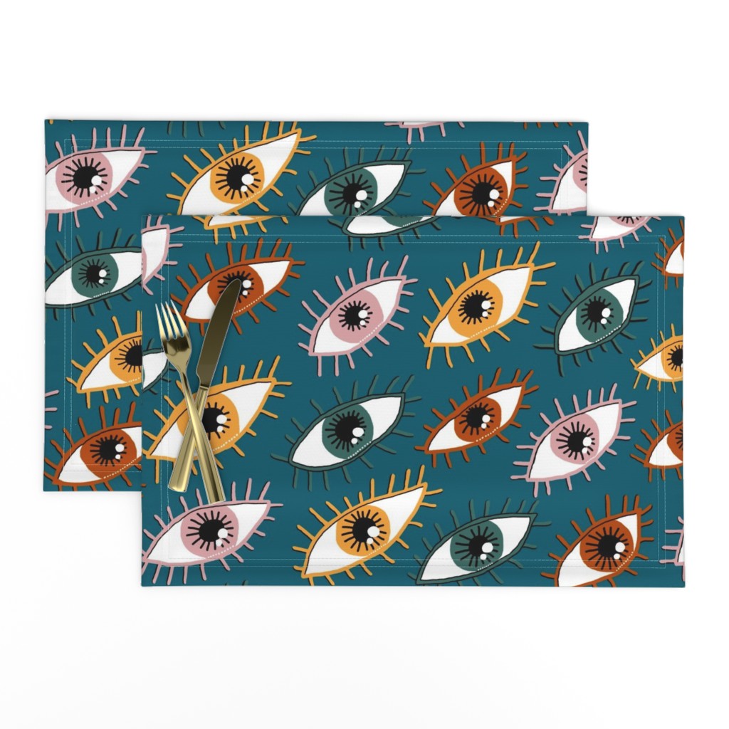 eyes limited palette, large scale, teal green blue yellow red orange