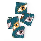 eyes limited palette, large scale, teal green blue yellow red orange