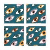 eyes limited palette, large scale, teal green blue yellow red orange