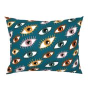 eyes limited palette, large scale, teal green blue yellow red orange