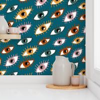 eyes limited palette, large scale, teal green blue yellow red orange