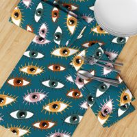 eyes limited palette, large scale, teal green blue yellow red orange